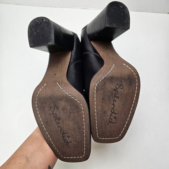 Splendid‎ Leather Stacked Heeled Booties 8 Black Boots Square Toe - Picture 10 of 11